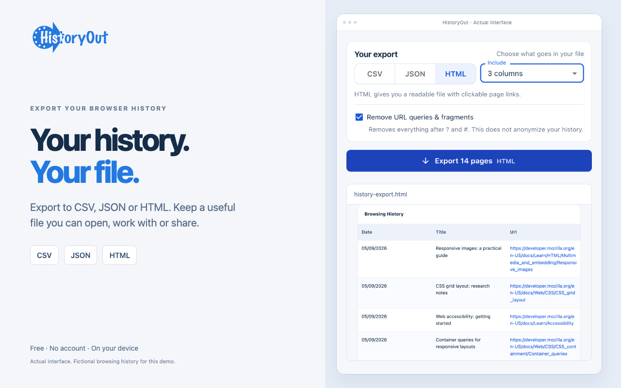 HistoryOut browser-history export with date filters and export formats
