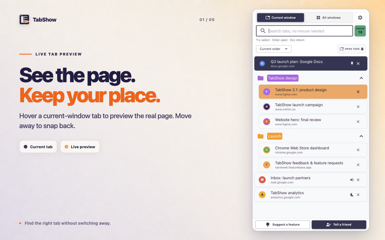 TabShow side panel with live tab previews and tab search
